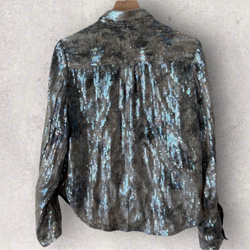 Anthropologie Pilcro Shrunken Sequin Long Sleeve Button Up Gray Top Size M - Picture 10 of 16